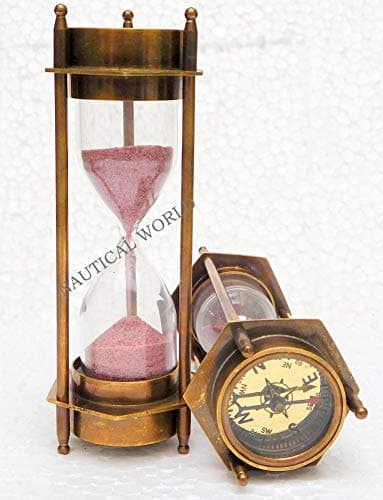 Brass Hour Glass Hand Made Item 3 min Solid Brass Sand Timer with Both Side Compass Classic Hour Glass