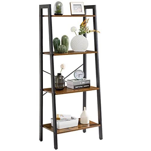 YMYNY Industrial Ladder Shelves, 4-Tier Bookcase and Bookshelf, Storage Rack with Metal Frame, Standing Organizer Shelf for Bathroom,Living Room,Office, 23.6 x14 x58.5 inch,Rustic Brown,UHTMJ014H
