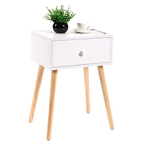 Wooden Side Table Nightstand with Drawer Modern Retro Decor Furniture White