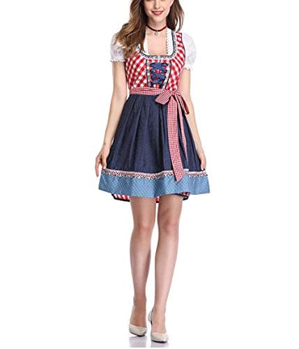 Women German Dirndl Dress Costumes for Bavarian Oktoberfest Halloween Carnival Costumes (Red Plaid, Large)