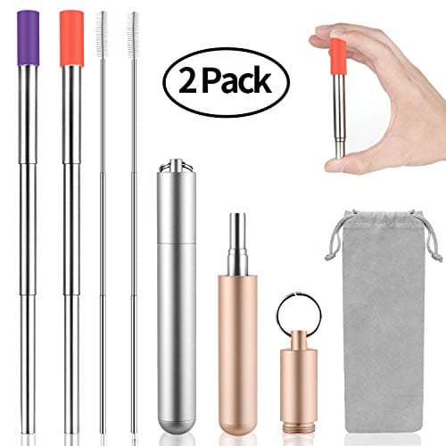 2 Pack Reusable Telescopic Drinking Straws With Metal Case & Folding Brush ,HabiLife Portable Stainless Steel Travel Straws, Silicone Tips,1 Grey Velvet Bag