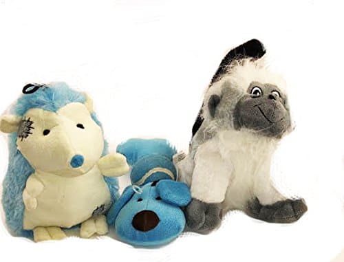 Pack of 3 Krislin Pets Plush Stuffed Dog Squeaky Toy Blue and Cream Hedgehog, White and Grey Monkey and Plush Blue Tennis Ball Dog