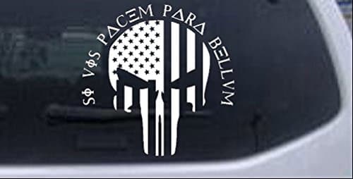Patriotic Skull American Flag Si Vis Pacem para Bellum Guns Car or Truck Window Laptop Decal Sticker - White 6in X 6in