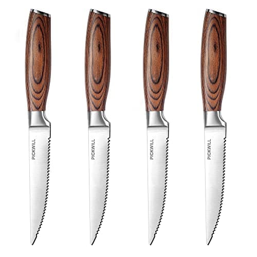 PICKWILL Steak Knives Set, Ergonomic Wood Handle, 4.5 Inch High Carbon Stainless Steel Serrated Steak Knives with Gift Box