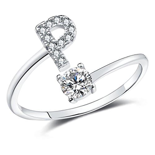FAURORA Rings for Women Initial Ring Letter Ring A-Z Adjustable Silver Rings Women Rings Size 6-11 Gift Set P