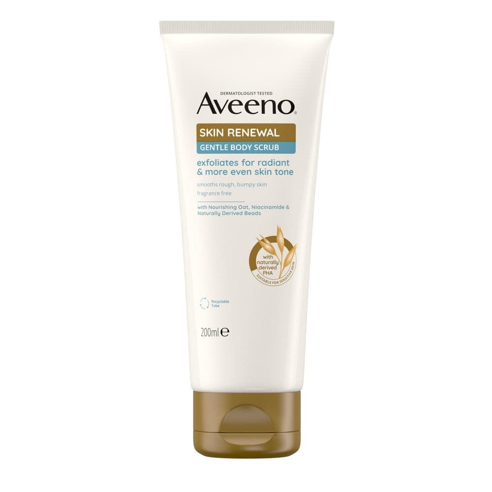 Aveeno Skin Renewal Gentle Body Scrub (1x 200ml), Gentle Exfoliator with Nourishing Prebiotic Oat, 2% Naturally-Derived PHA & Smoothing Niacinamide, Body Scrub for sensitive Skin