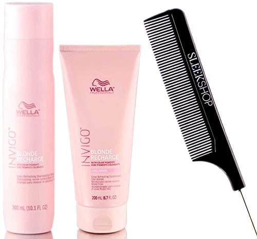 Wella Invigo BLONDE RECHARGE Shampoo & Conditioner with Color Pigments for COOL BLONDE DUO KIT (with Sleek Steel Pin Tail Comb) (10.1 oz / 6.7 oz DUO SET)