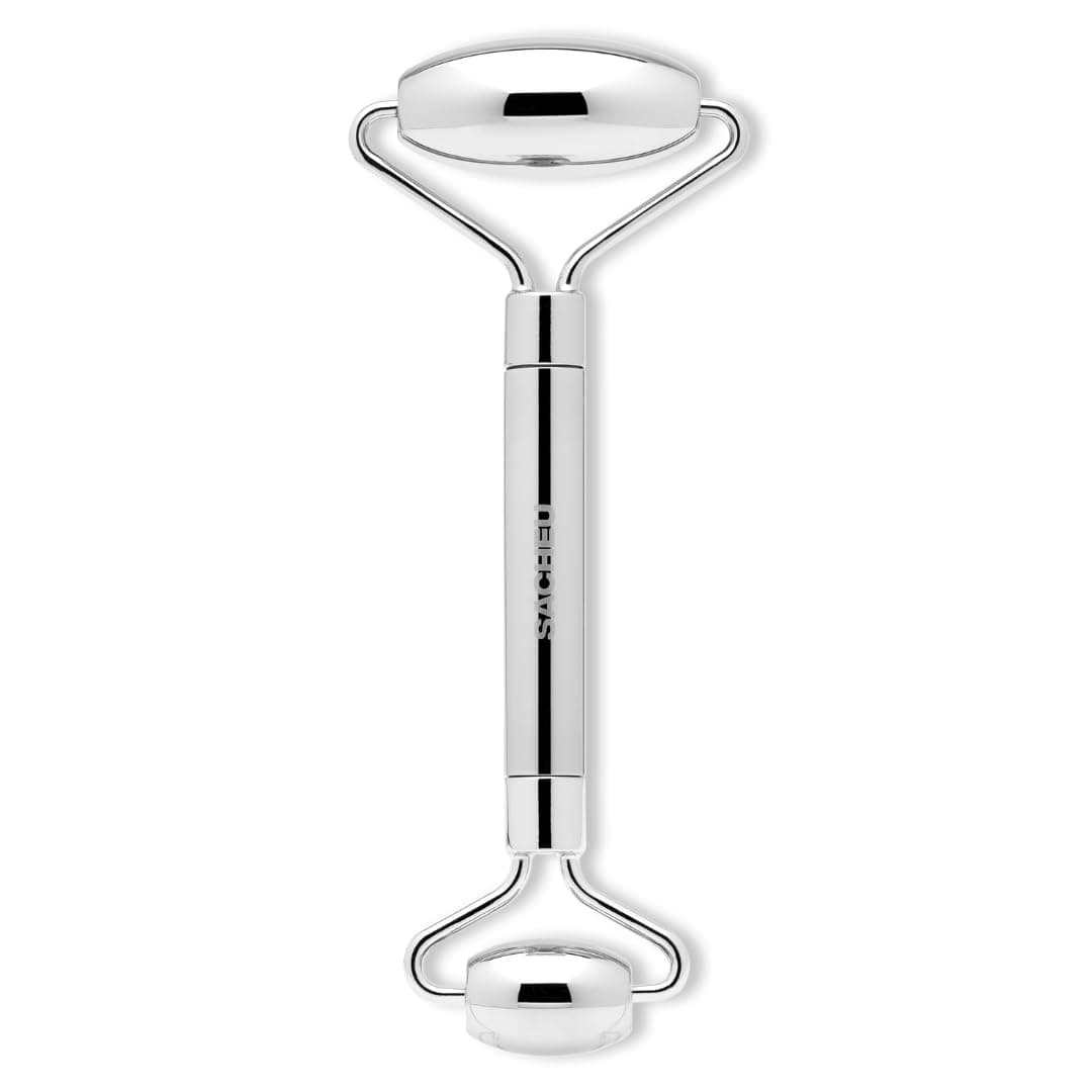 Sacheu Stainless Steel Face Roller Skin Care and Lymphatic Drainage — Cooling Metal Roller for Puffiness, Wrinkles, and Face Lifting, Dual-Sided Facial and Eye Massager, Includes Travel Pouch