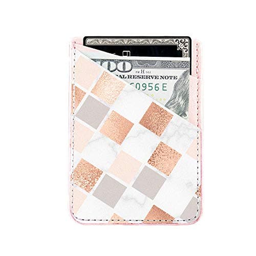 Pastel Bay Adhesive Cell Phone Credit Card Stick On PU Leather Wallet Holder Phone Pocket Pouch Sleeves for iPhone,Samsung Android and All Smartphones (Rose Gold Pink White Marble)
