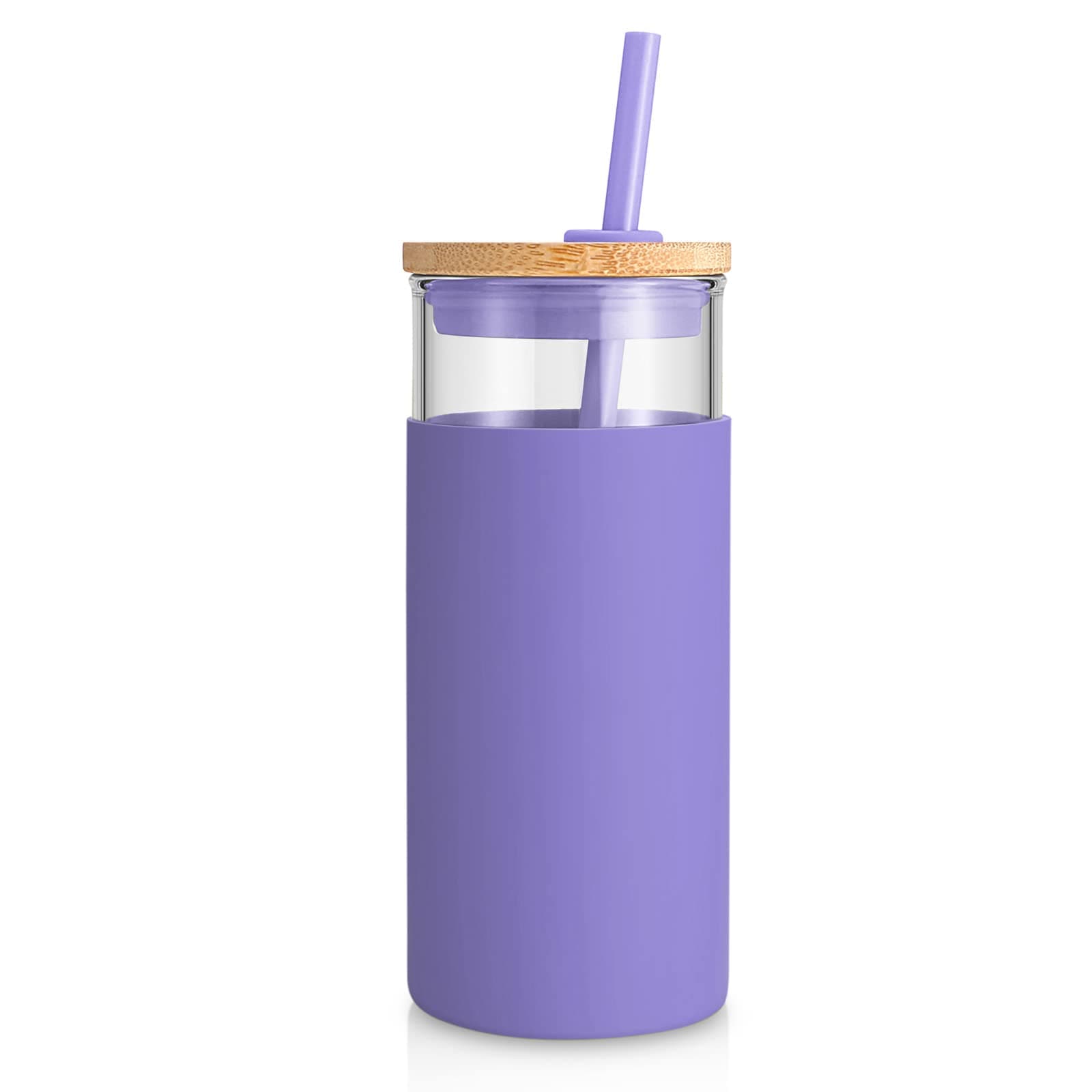 20 oz Glass Tumbler with Lid and Straw, Iced Coffee Cup and Smoothie Cup with Bamboo Lids & Protective Silicone Sleeve, Dishwasher Safe, BPA-Free, Glass Cup 1 Pack