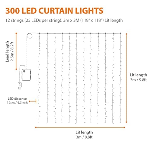 ANSIO Curtain Lights Indoor Battery Operated 3m x 3m with 300 LED Christmas Fairy Lights 8 Modes/Timer/Remote/USB Outdoor Hanging Lights for Window, Bedroom Wall, Garden, Party Decorations Multicolour