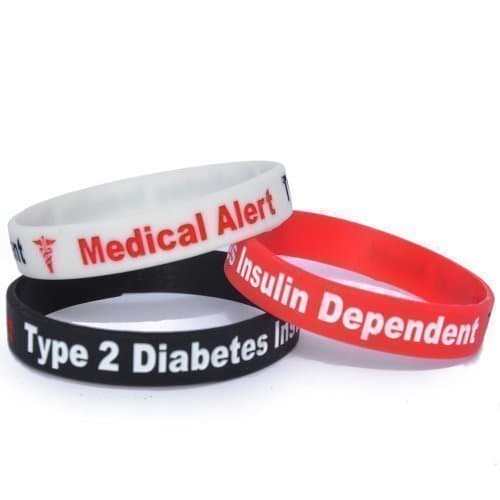 TYPE 2 DIABETES WRISTBAND (1 x RED WRISTBAND) MEDICAL ALERT – 3 TONE BRACELET – 100% Silicone id card Emergency diabetic identity rubber Insulin Dependent permanent ink Debossed bands