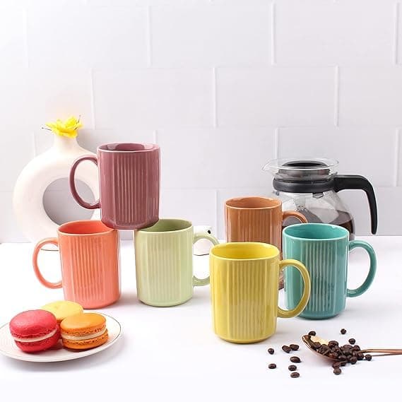 Ceramic Coffee Mug Set of 6 (350ml) Handcrafted Design Tea Cups Stackable, Chip Resistant, Large Serving Green Tea Cups, Arial (Color May Vary)