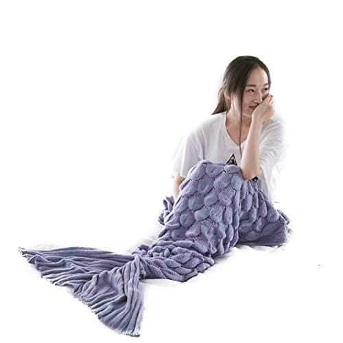Mermaid Tail Blanket, Handmade Knitted Warm Sofa Quilt Living Room Sleeping Bag for Adults and Kids 180cm x 90cm (Light Purple)
