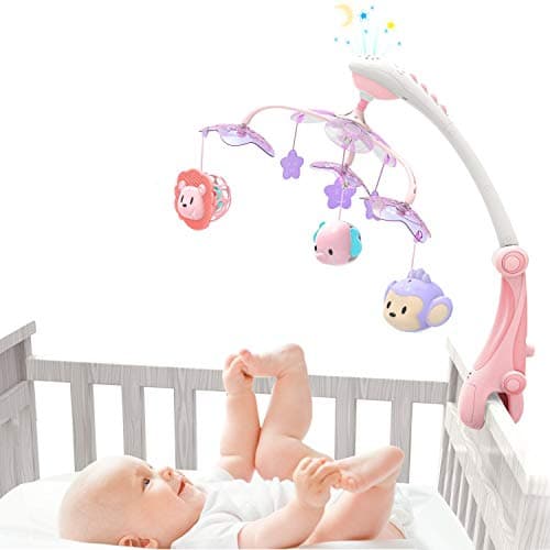 GrowthPic Musical Baby Crib Mobile with Star Projector Nursery Function, Foldable Arm, Hanging Rotating Infant Playing Teether and Loudspeaker with 30 Melodies