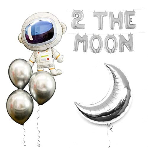 Space Party Balloons 2 the Moon Theme Party Supplies 17Pcs Chrome Silver Galaxy Astronaut Airship Spaceship Chrome Silver Moon Space Man Robot UFO Party Balloon Birthday Banner Decoration