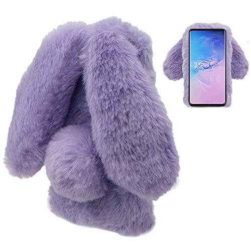 for Samsung Galaxy A20 Case,for Samsung Galaxy A20 Rabbit Fur Case Bunny Ear Phone Case for Girls Fuzzy Cute Warm Winter Soft Furry Fluffy Ball Fur Hair Plush Protective TPU Bumper Cover-Purple