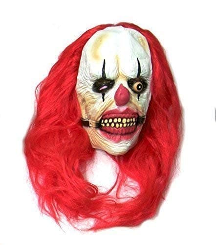 The Rubber Plantation TM 619219290333 Tortured Killer Clown Mask Halloween Fancy Dress Costume Hooked Mouth and Attached Red Wig Horror Latex Accessory, Unisex-Adult, One Size