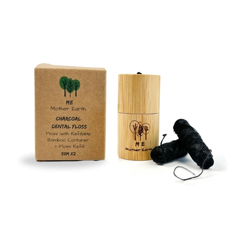 ME MOTHER EARTH VEGAN Biodegradable Bamboo Charcoal Dental Floss with Refillable Bamboo Container Free Refill Natural Candelilla Wax 55yds x2 Peppermint Essential Oil Eco Friendly Zero Waste Oral Care