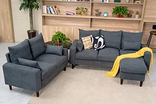 Panana 3 Piece Small Sofa Set, Sectional Sofa Loveseat with Ottoman for Small Space Living Room Apartment (Grey)