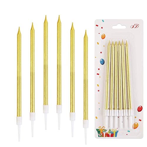 HiPPITY HOP The party collective Gold Unscented Candles Slim Metallic Long Thin Cake Candle In Holder For Birthday (Pack Of 6)