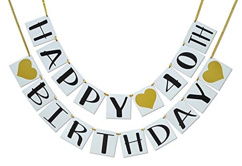 Happy 40th Birthday Banner - Gold Hearts and Ribbon - Birthday Decorations