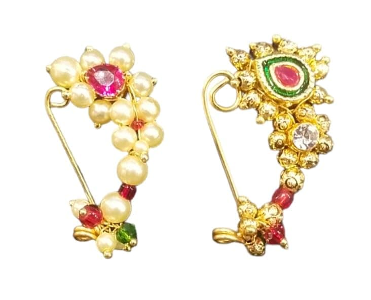 Maharashtrian Nose ring without piercing Pearl Gold Plated Nath Clip On Nose Ring For Women (Combo of 2)