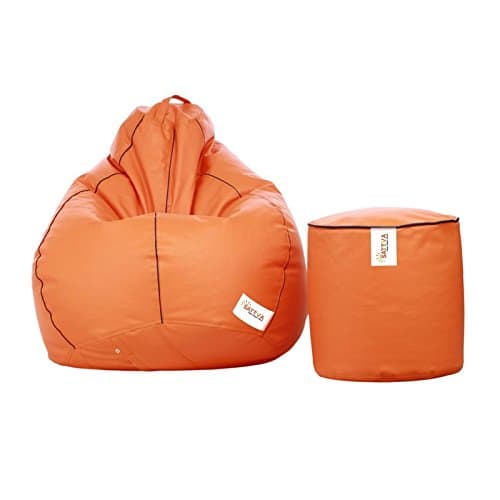 Sattva Combo Classic XXXL Bean Bag and Round Footstool Filled with Beans - Orange with Navy Blue Piping