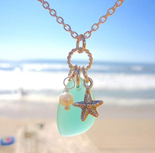 Sea StampedSea Stamped Beautiful Handmade SEA GLASS Charm Necklace - Aqua-Blue Sea Glass - Sterling Silver 20" chain - With Pearl and Starfish Charms - Beach Jewelry - Sea Foam Beach Glass Necklace