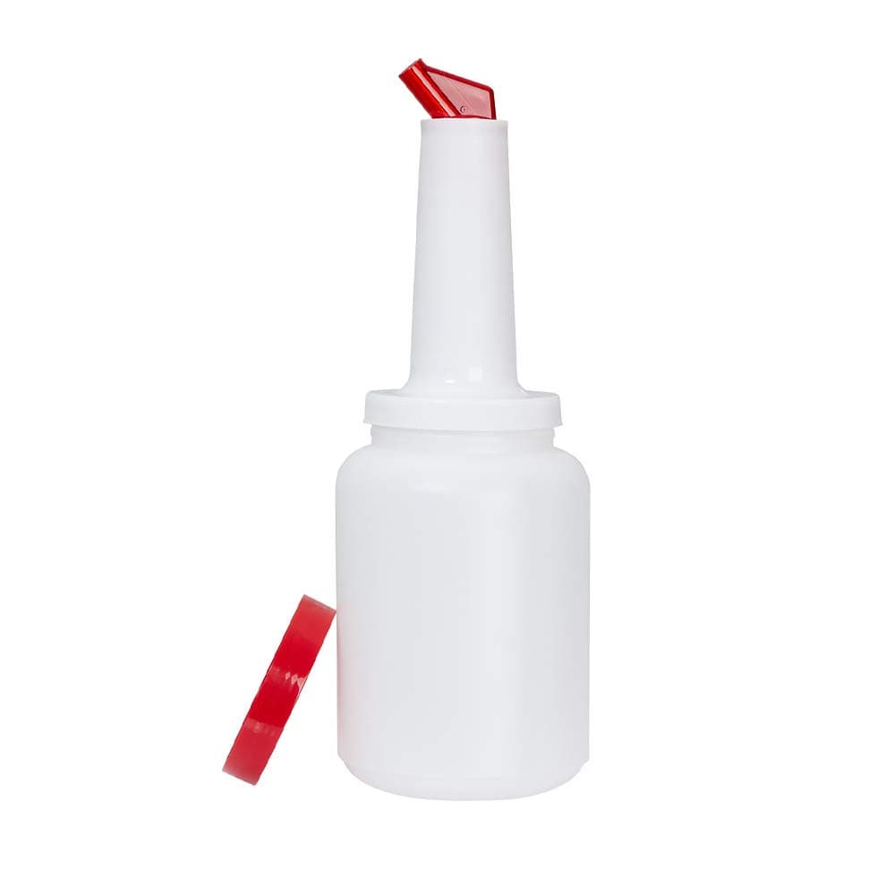 Tezzorio Store and Pour 2 Qt. Bottle with Red Pour Spout and Cap, 64 oz Flow-N-Stow Bar Fruit Juice & Liquor Storage Containers, Professional Bartender Supplies