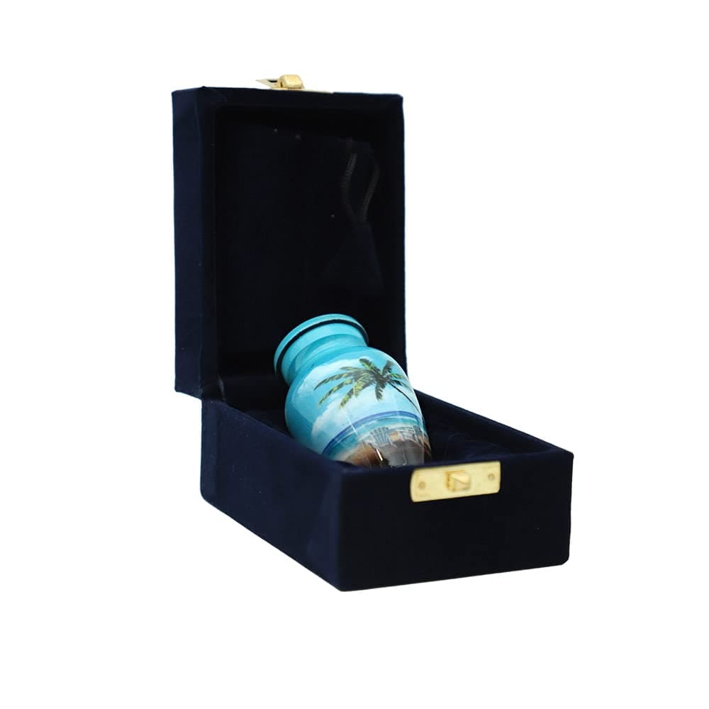 HLC Blue Beach Mini Keepsake Urn - 4" H x 2.4" W x 3" L, Includes Velvet Box Bag