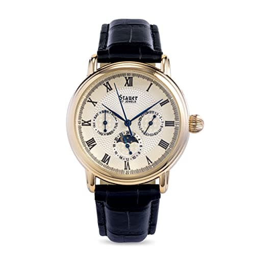 Stauer Magnificat II Automatic Watches for Men – Men Watches w/3 Interior Day, Date & 24-Hour Clock Dials – Mens Watches w/Stainless Case & Black Leather Band – Water Resistant Watch for Men, Black, Automatic Watch