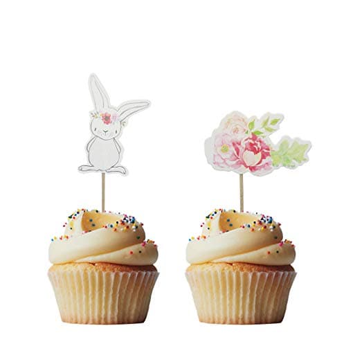 Morndew 24 PCS Rabbit and Flowers Cupcake Toppers Cake Insert Picks Decorations for Birthday party, Baby Shower, Wedding Party