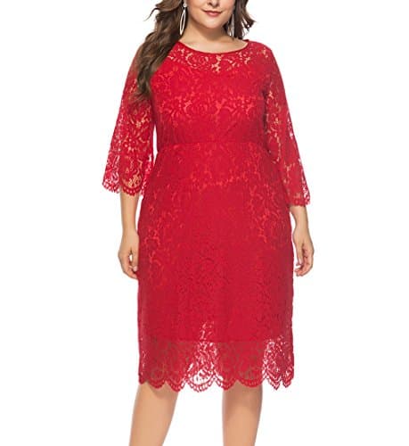 Eternatastic Women's Floral Lace 3/4 Sleeve Plus Size Lace Dress Red 5XL