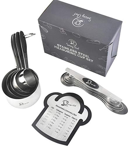 Sassy Chef Stainless Steel Measuring Cups and Spoons Set Kitchen Measuring Set 6 nesting measuring cups for baking 6 magnetic measuring spoons with leveler, and 1 easy to read conversion chart
