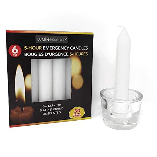 Emergency Candles, 6ct.- Pack Bundled with Glass Holder. Long Burning (Approx. 4.5 Hours per Candle)