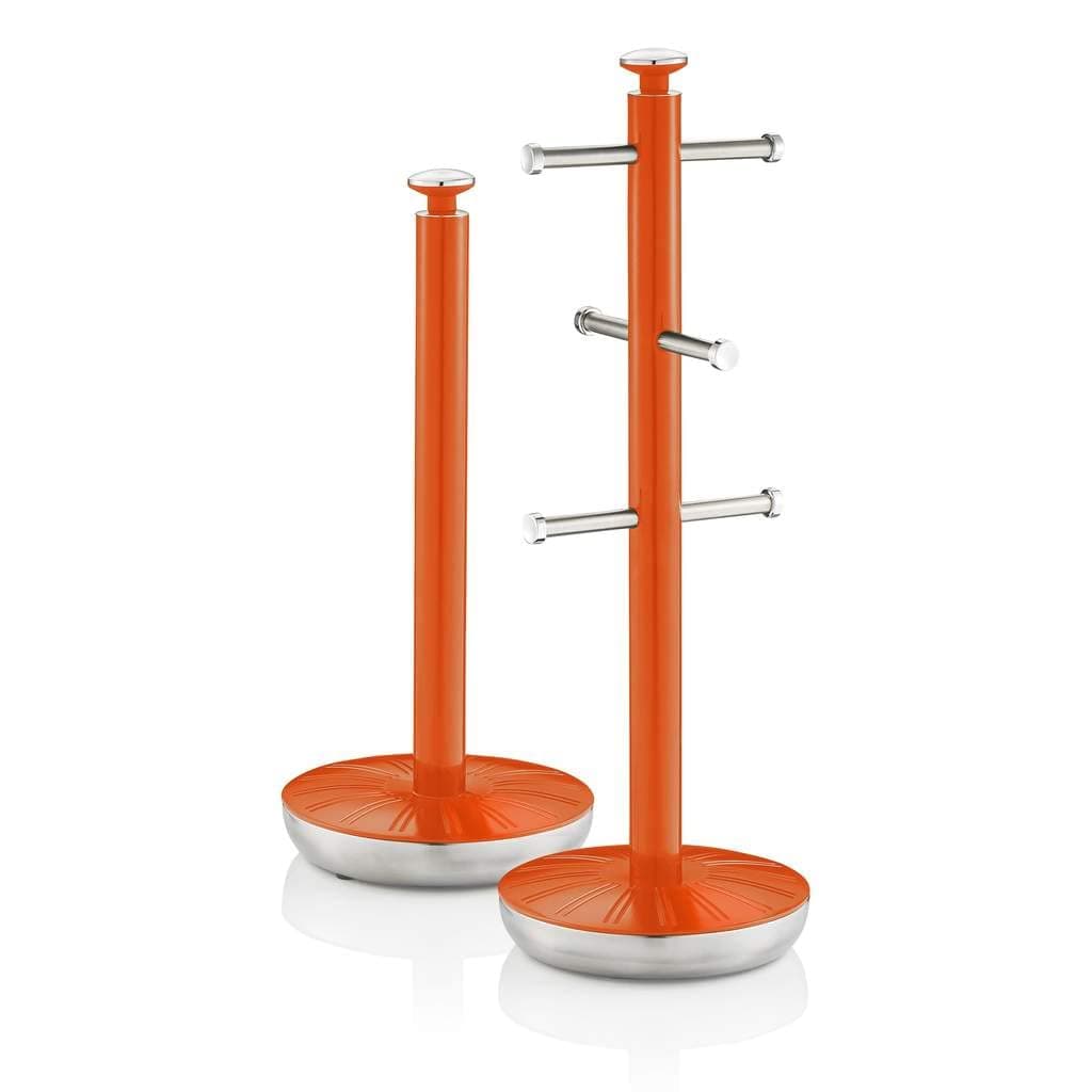 Swan SWKA1054ON Retro Towel Pole and Mug Tree, Weighted Base, Kitchen Storage Set with Chrome Accents, Orange