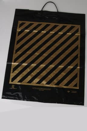 Plastic Shopping Bags 250pcs Size: 18x7x22.5, 2 Mil EX-Heavy, Hard Handle Black with Gold Stripe Bags, 60.4 Cents Per Bag.