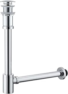 Brass Round Bottle P-Trap with Pop Up Drain Stopper,1 1/4 Adjustable Basin Sink Waste Drain Trap Kit without Overflow, Chrome P Trap