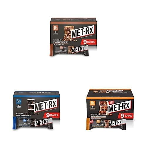 Bundle of MET-Rx Big 100 Colossal Protein Bars, Great as Healthy Meal Replacement, Snack, and Help Support Energy, 9 Peanut Butter Pretzel + 9 Super Cookie Crunch + 9 Vanilla Caramel Churro