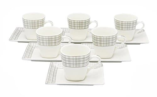Porcelain Bone China Espresso Turkish Coffee Set of 6 Demitasse Cups + Saucers (Linen Weave)