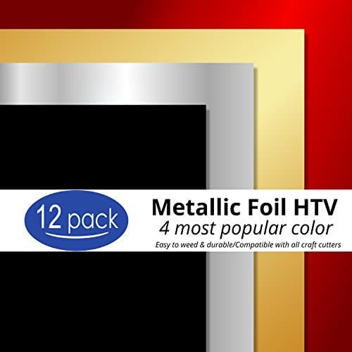 Metallic Heat Transfer Vinyl 12 Sheets Bundle 4 Popular Foil Color and-Best Iron On HTV Vinyl for Silhouette Cameo, Heat Press & Cricut Machines (Gloss Silver,Black,Gold,red)