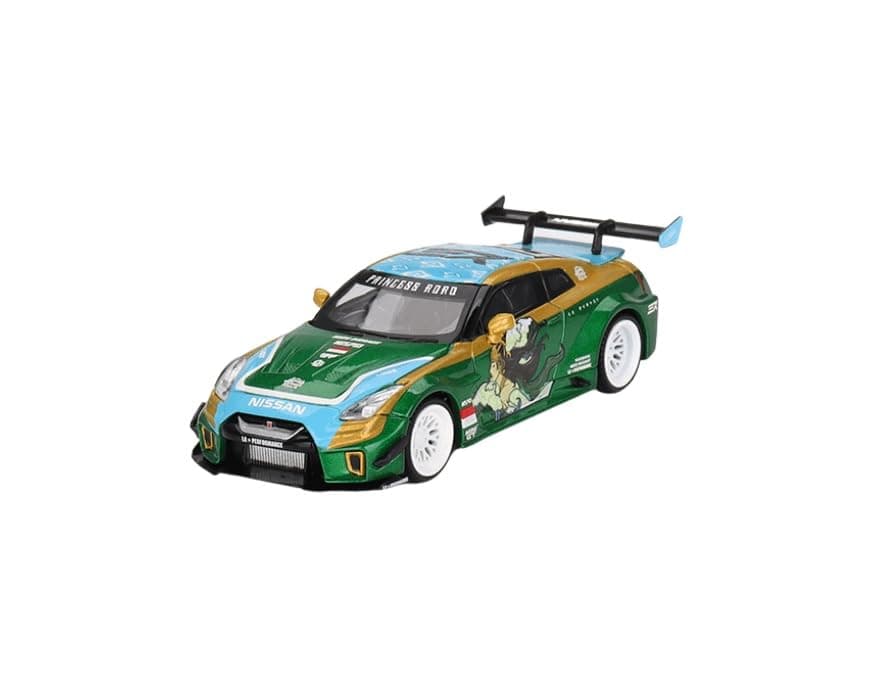 35GT-RR Ver.2 LB-Silhouette Works GT RHD (Right Hand Drive) Princess Roro Green Metallic with Graphics Limited Edition 1/64 Diecast Model Car by True Scale Miniatures MGT00650