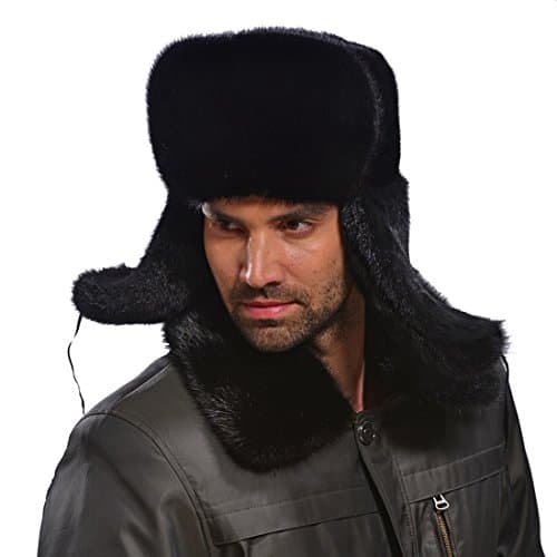 Men's Premium Mink Fur Russian Ushanka Trapper Hats (One Size, Black)