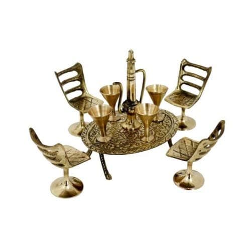 Brass Miniature Table Chair Maharaja Set Showpiece (Standard, Gold) - 1 Table, 1 Surahi, 4 Glasses, 4 Chairs