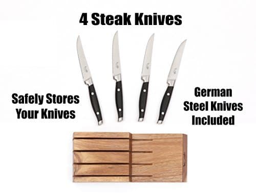 4 Steak Knife Starter Cutlery Set with Solid Acacia In Drawer Storage Knife Block Included, Knives with German Steel