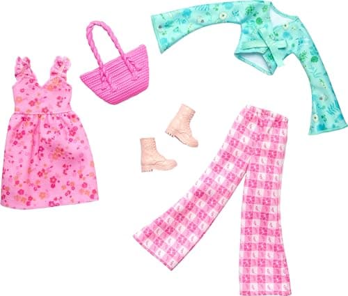 Barbie Clothes, Doll Fashions and Accessories Set Featuring 2 Complete Cottage Core Outfits, Including Floral Dress, Gingham Pants and More