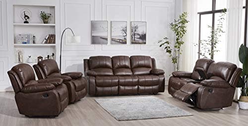 Betsy Furniture Bonded Leather Recliner Set Living Room Set, Sofa, Loveseat, Chair 8018 (Brown, Living Room Set 3+2+(2) 1)