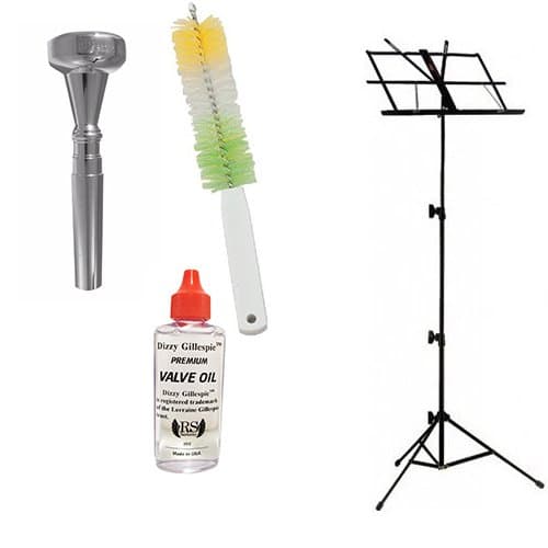 Dizzy Gillespie Elite Series Trumpet Mouthpiece Pack w/Dizzy Gillespie Trumpet Valve Oil & Valve Casing Brush + Black Music Stand