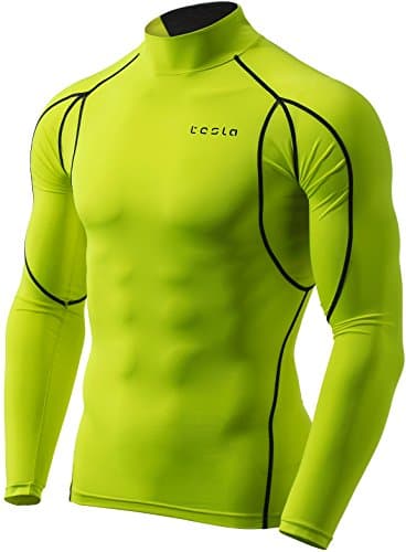 TSLA Men's Mock Long-Sleeved T-Shirt Cool Dry Compression Baselayer Top, Athletic(mut12) - Neon Yellow, Medium.